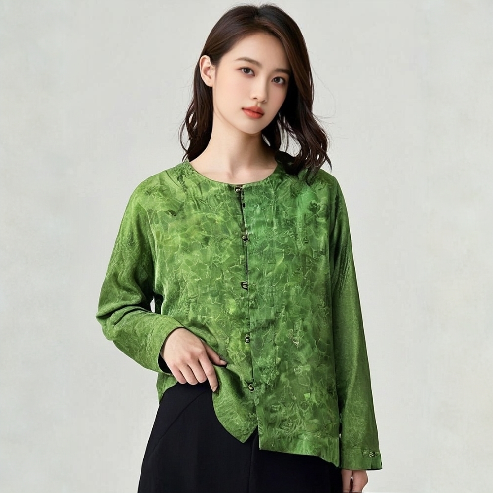 贵夫人37-春和景明2025国风春夏桑蚕丝提花气质网红绿色时尚小衫