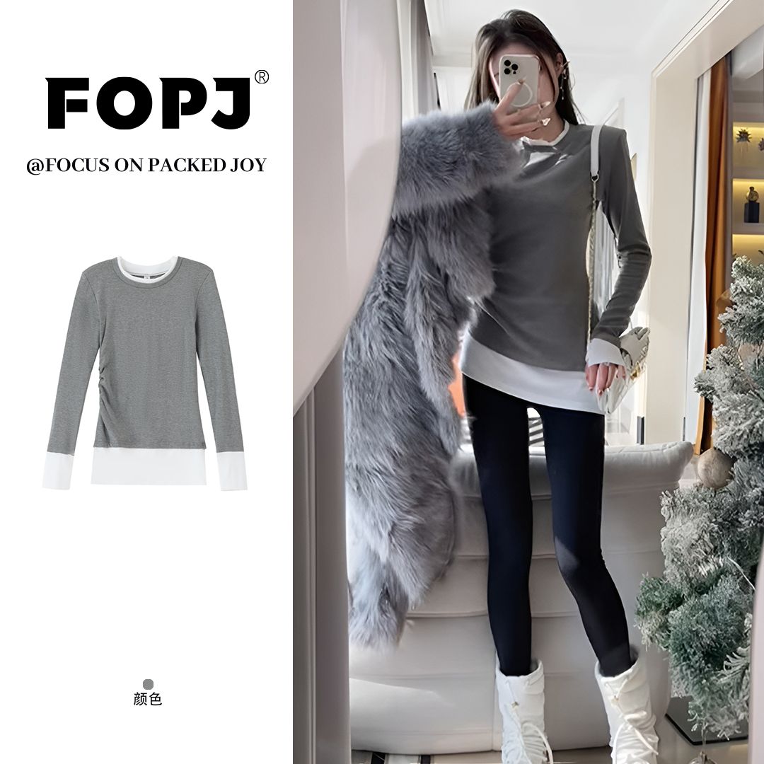 FOPJ秋冬新款韩系假两件打底衫长袖t恤女设计感修身显瘦辣妹上衣
