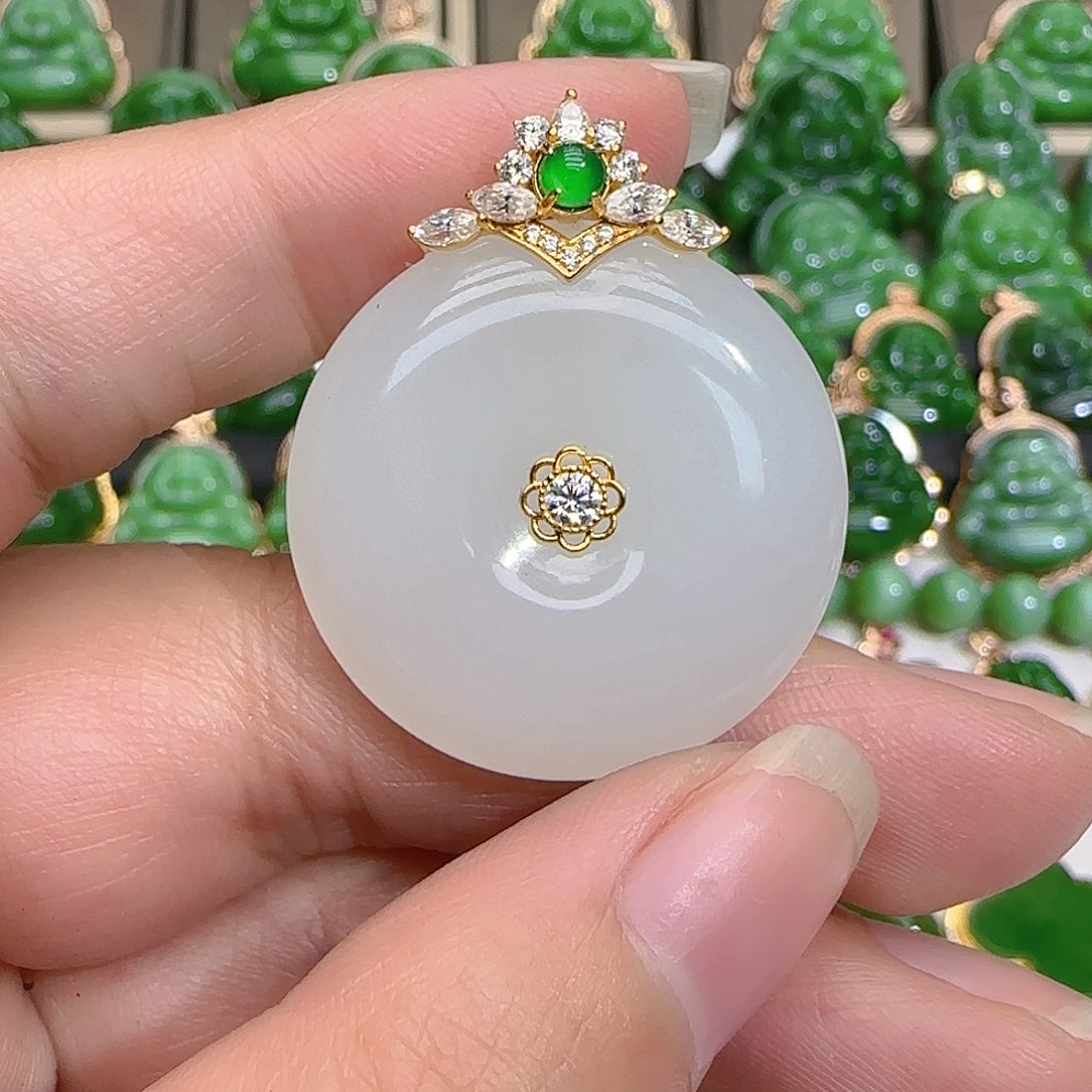 和田玉（白玉）吊坠(不含链)18K金镶嵌