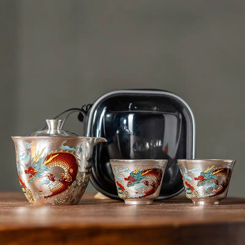 周鸿杰龙腾盛世便携式旅行茶具手工鎏银高档一壶二杯Y67