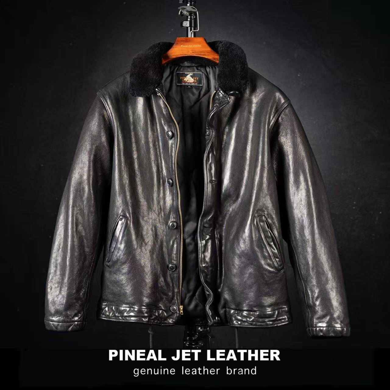 PJL新款男士复古阔版山羊皮夹棉毛领皮衣阿美咔叽甲板服N1