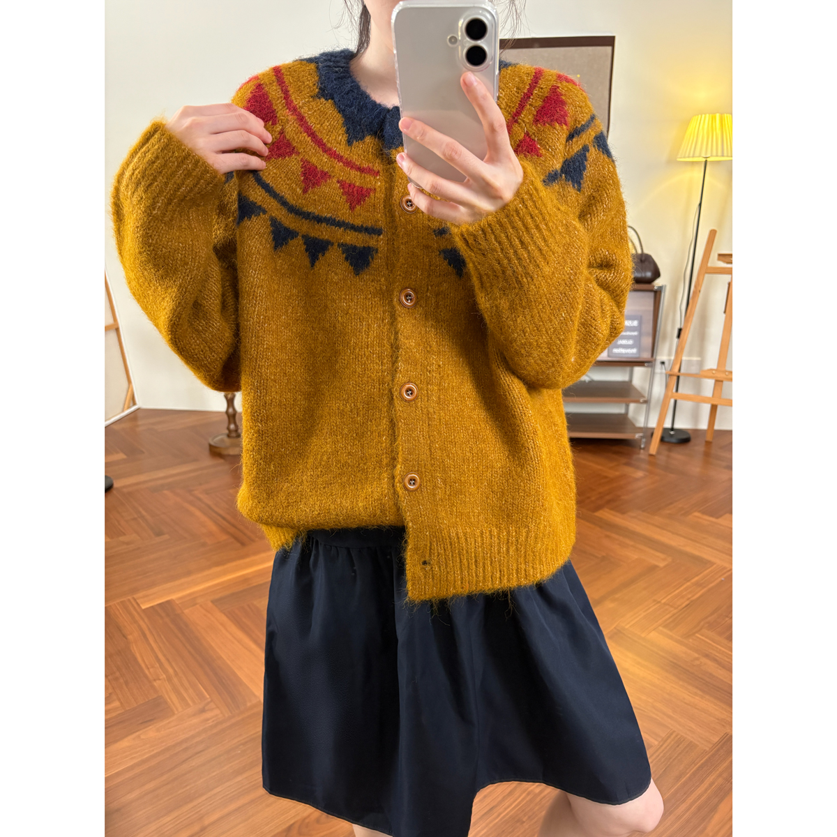 复古费尔岛羊毛显白毛衣外套女韩版秋冬新款宽松百搭洋气针织开衫