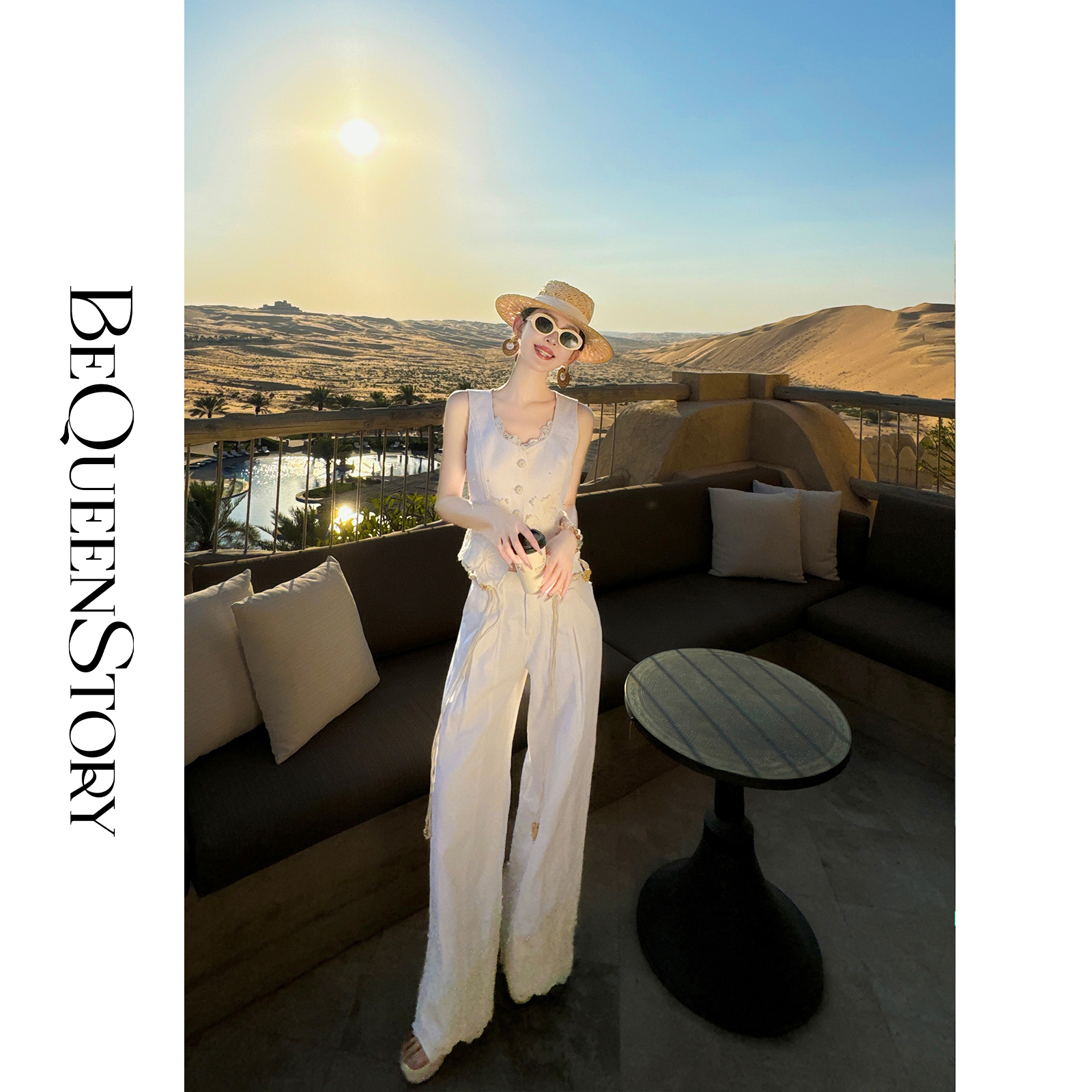 余潇潇【静奢留白】2025春装新款牛仔棉收腰马甲&蕾丝花边直筒裤