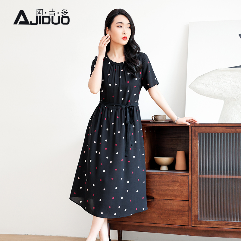 阿吉多A21357波点短袖连衣裙女系带收腰黑色大码夏日绝美小裙子