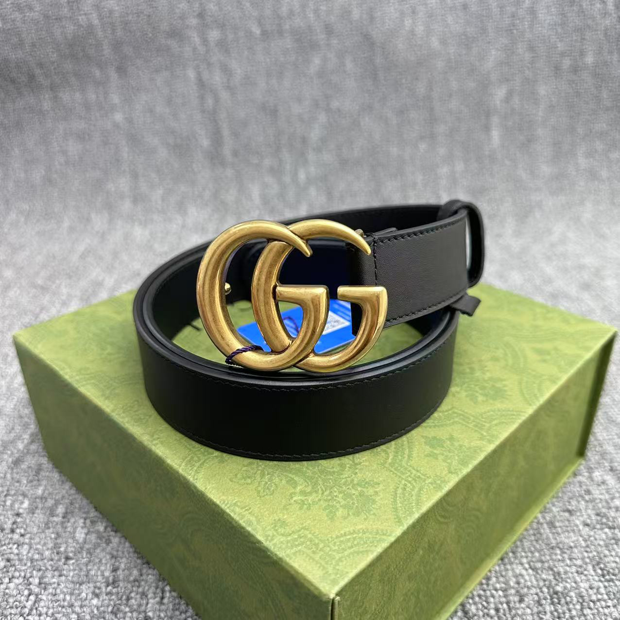 99新 GUCCI/古驰 小双G做旧金 光面牛皮腰带 3厘米宽 女款