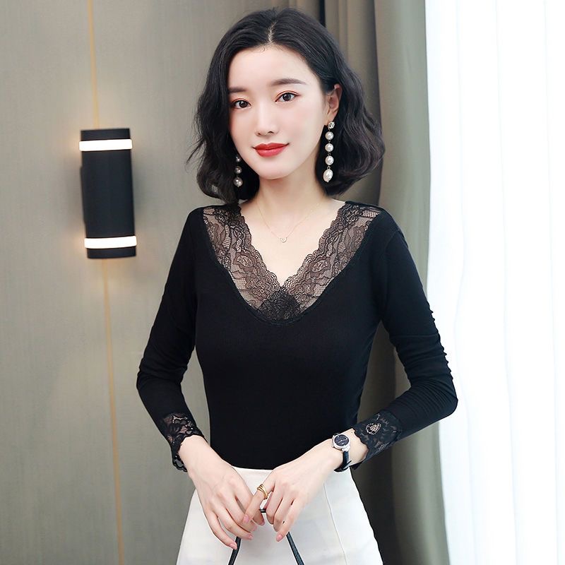 D25 121911 长袖打底衫女新款蕾丝圆领修身内搭显瘦修身气质上衣