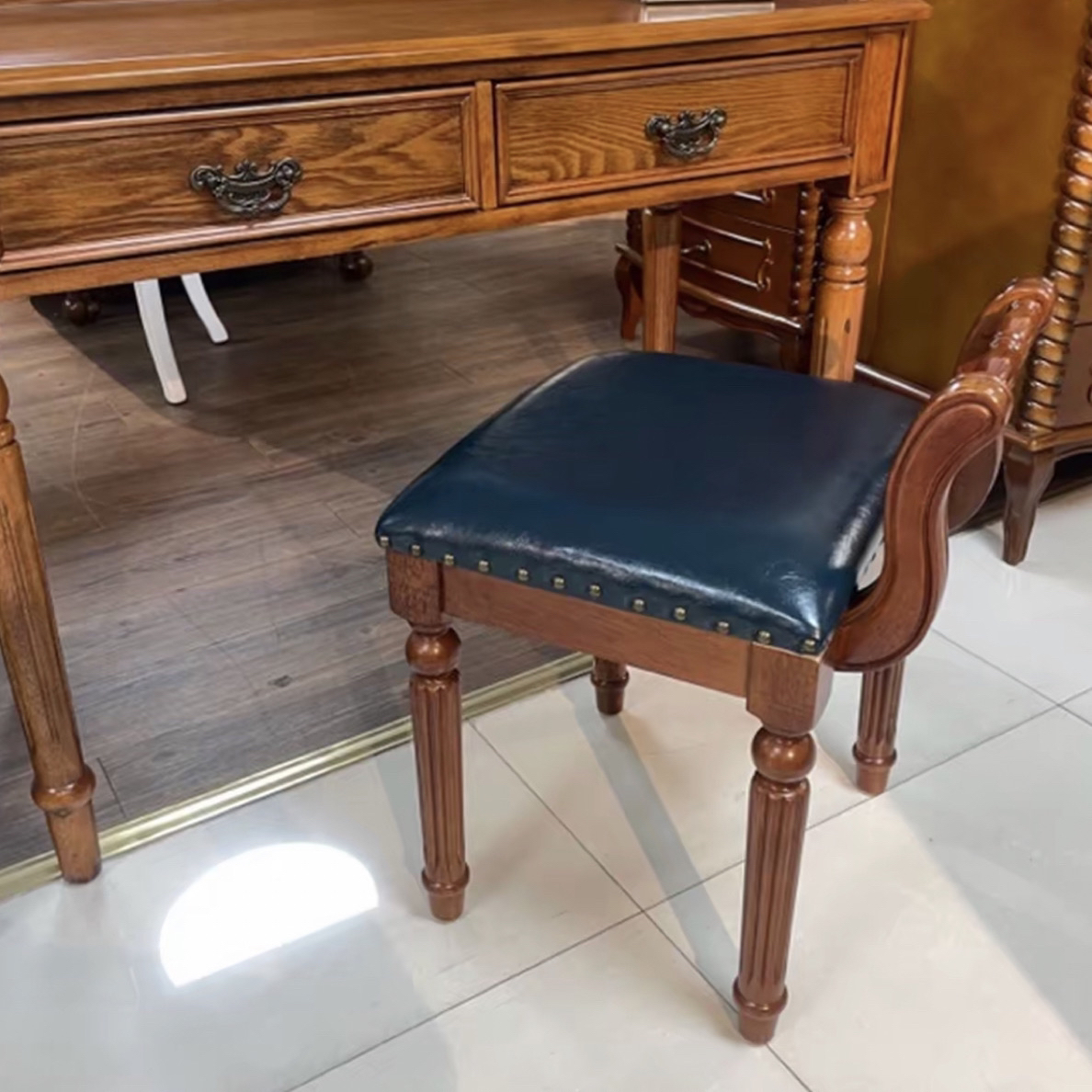 方几美式椅子餐椅客厅凳胡桃色棕色皮书桌家用复古角几布艺凳子