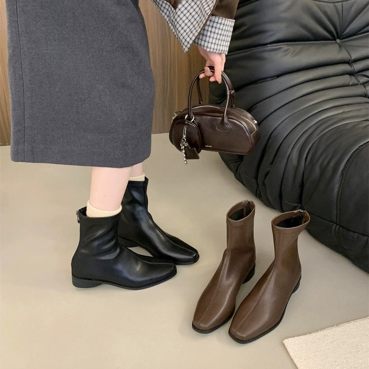 羊皮版~方头洋气弹力瘦瘦短靴女款2025新款秋冬韩系小裸靴马丁靴