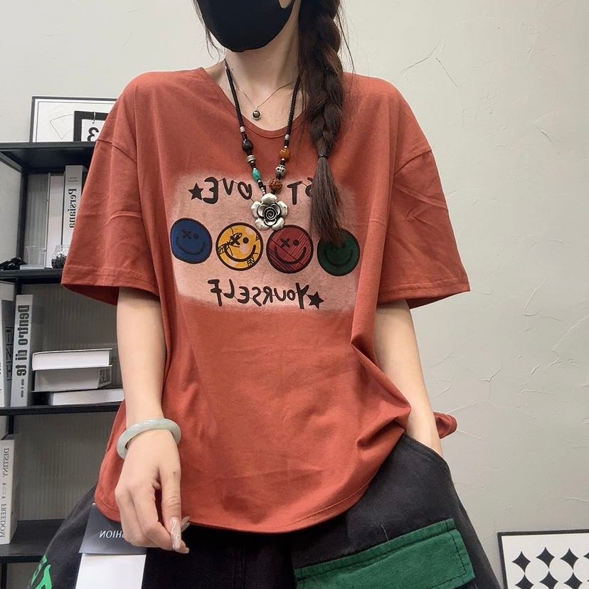 6621夏季新款宽松休闲百搭四个笑脸冰棉T恤