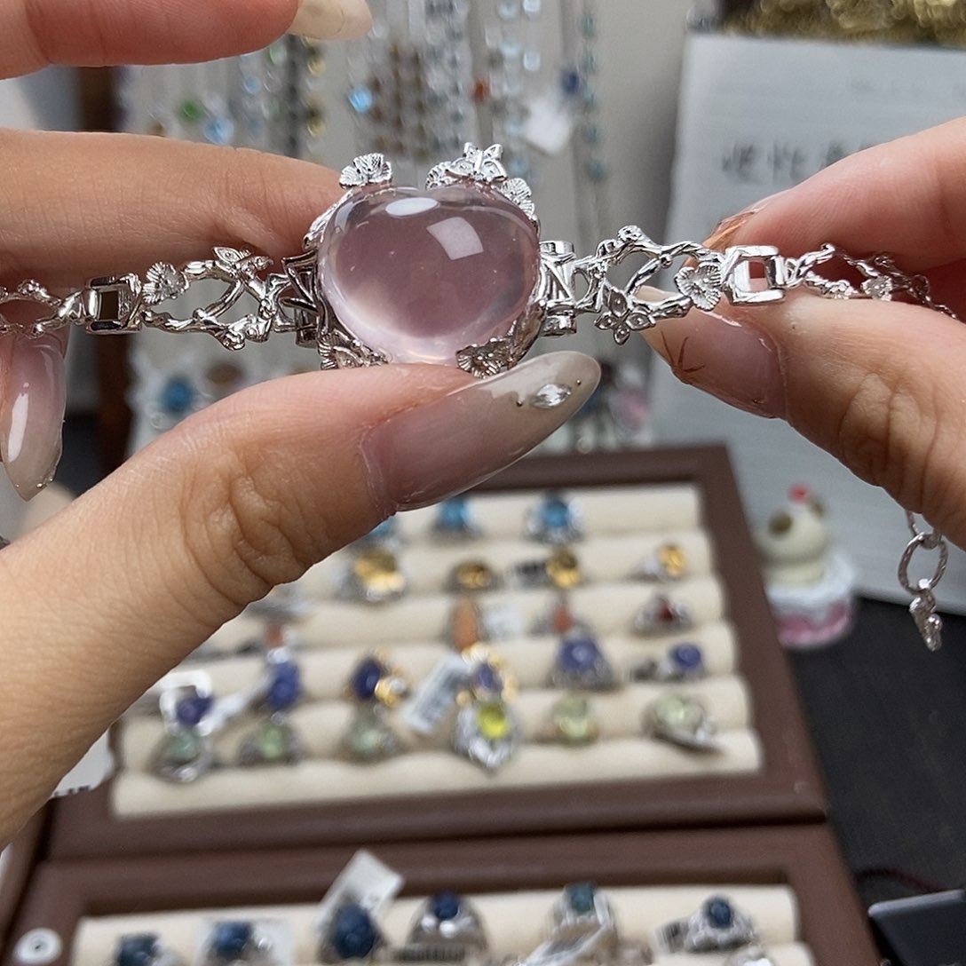软***u水晶戒指银S925镶嵌粉水手链