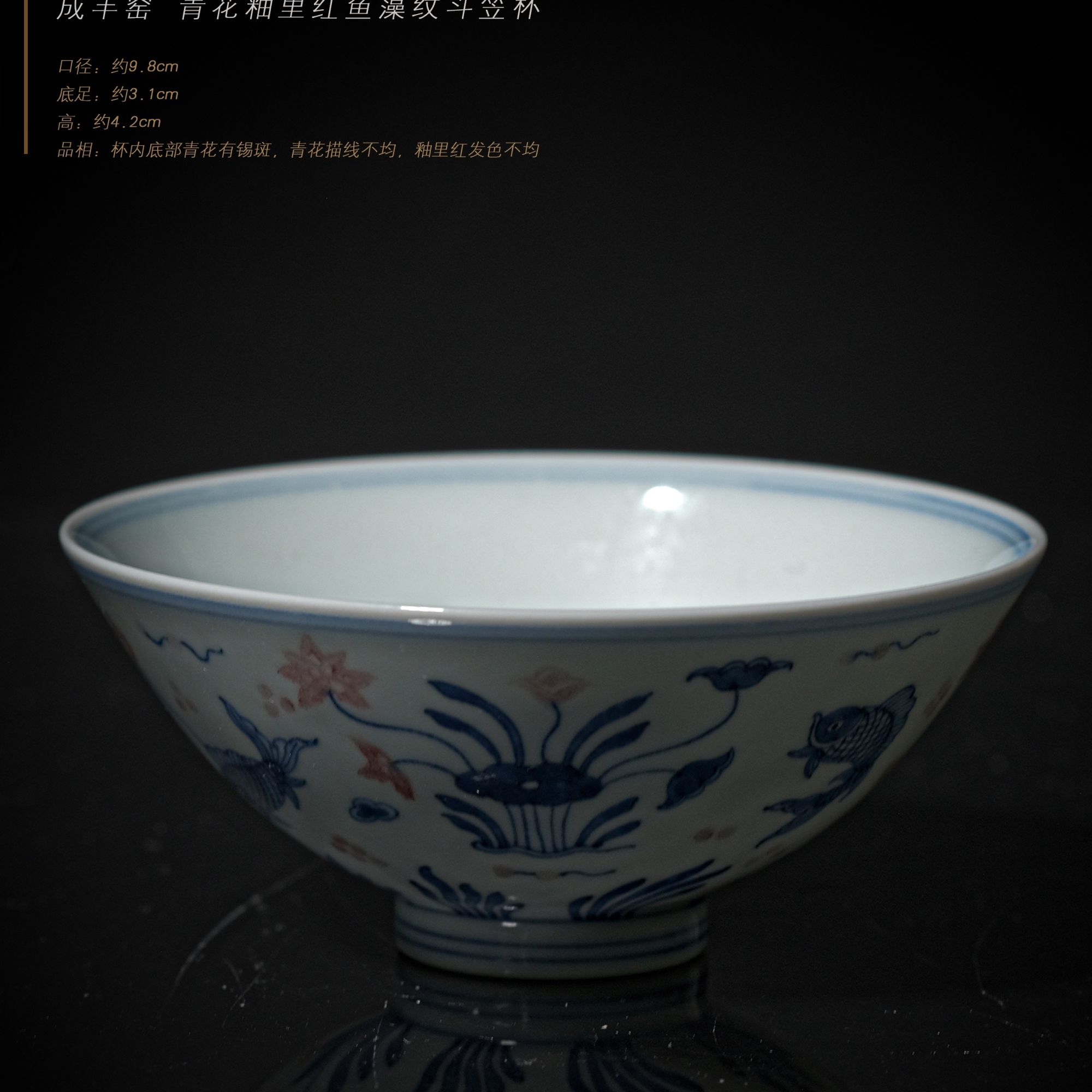 3-68成丰窑青花釉里红鱼藻纹斗笠杯