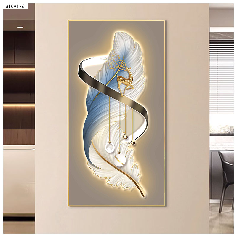 F499【羽鹿呈祥】入户装饰画简约现代羽毛玄关背景墙画挂画