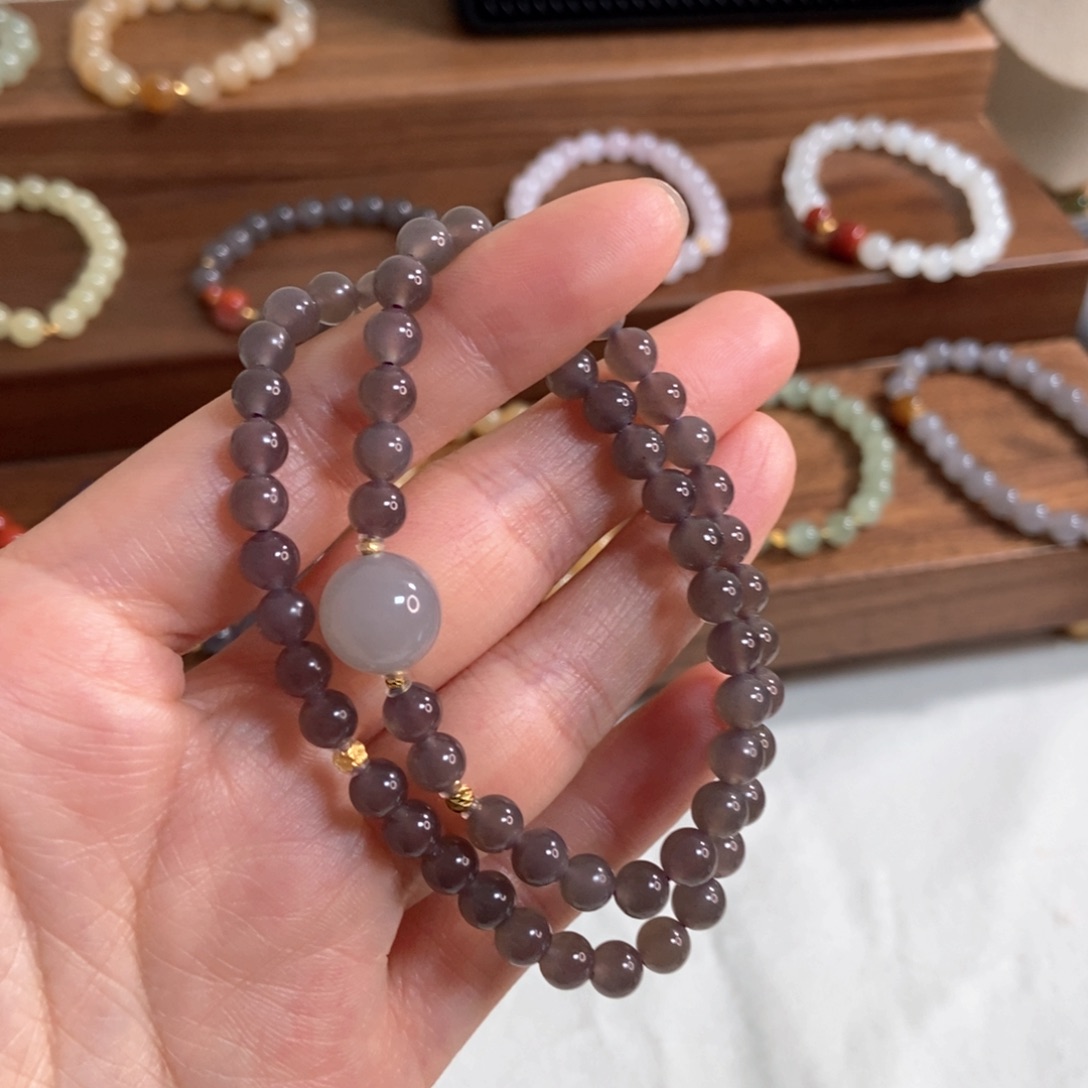 和田玉手链18K金镶嵌6mm冰葡萄紫双圈