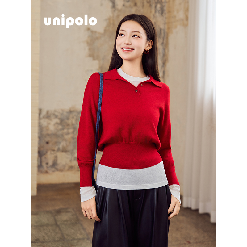 UNIPOLO（全羊毛）落肩袖短宽款下摆宽螺纹设计显瘦长袖polo衫