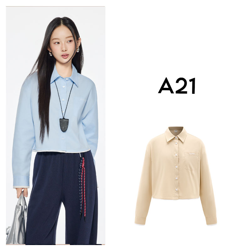 A21女装宽松休闲短款长袖衬衫F453210002