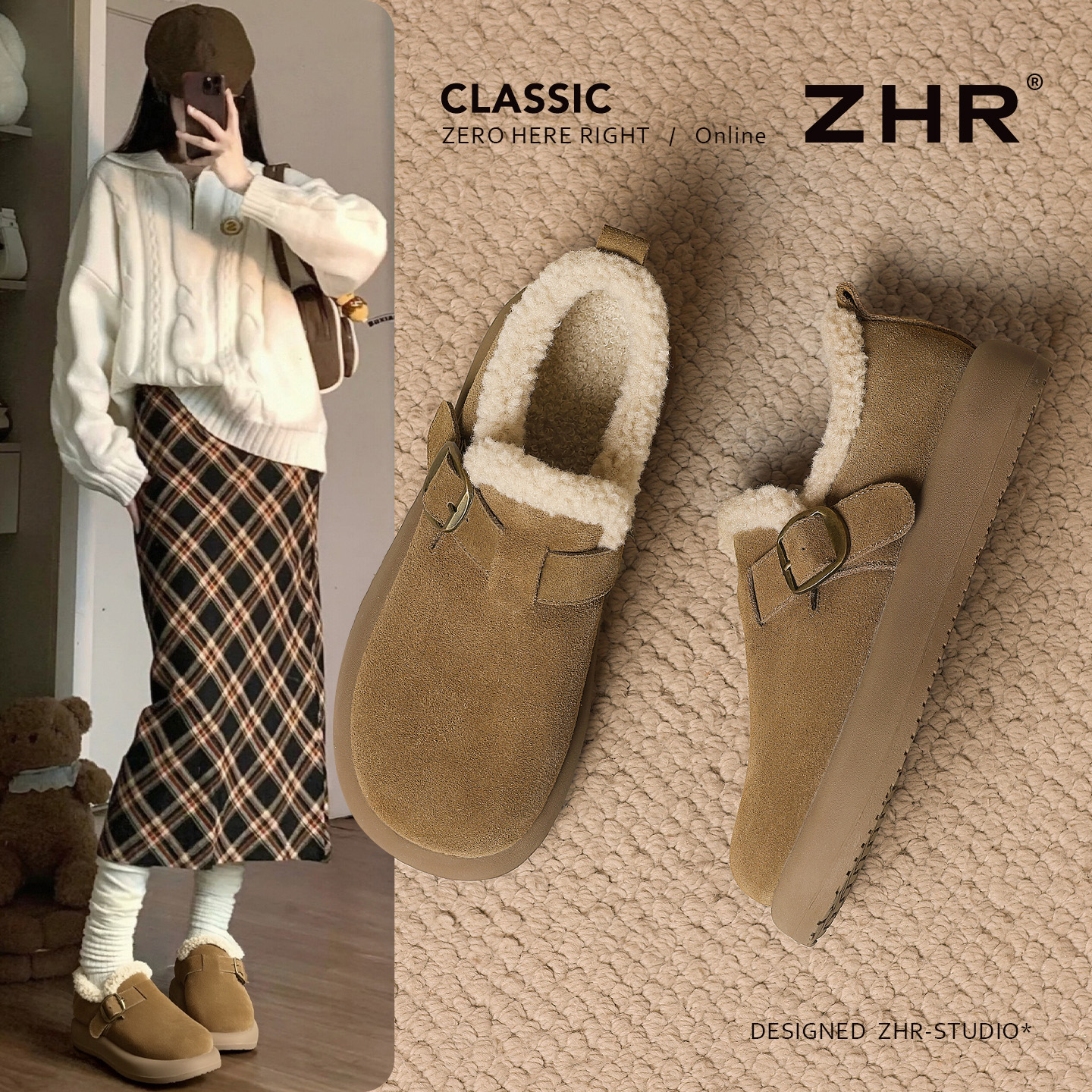ZHR/则则一脚蹬女鞋棉鞋2025冬季加绒保暖毛绒勃肯鞋复古雪地靴女