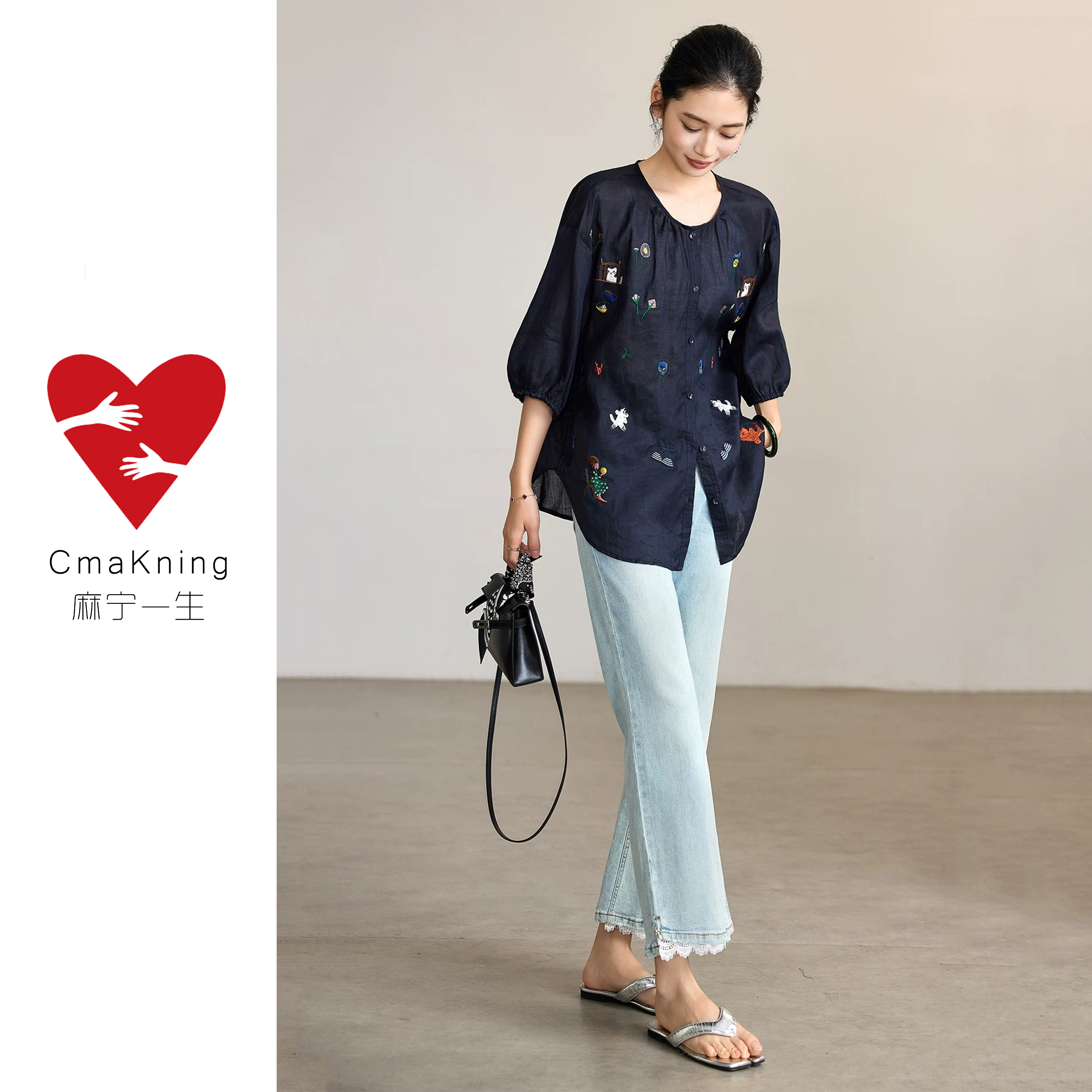 CmaKning麻宁一生微胖小个子刺绣夏季宽松时髦感圆领中袖苎麻衬衫