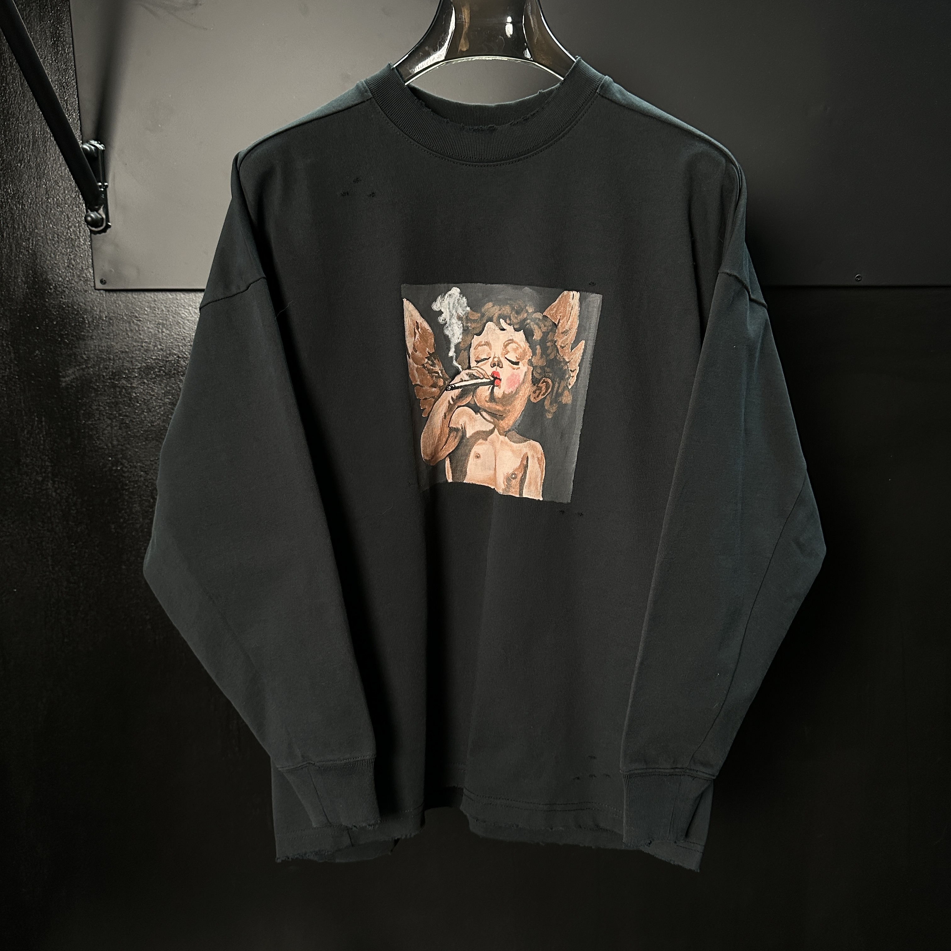 【冷目潮物质】手绘定制堕烟圣天使重磅宽松蝙蝠袖T恤圆领400g长袖