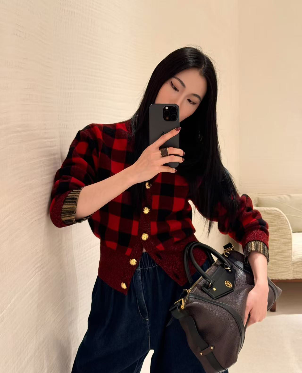 25秋季新款羊毛红色格子收腰开衫（建议干洗）