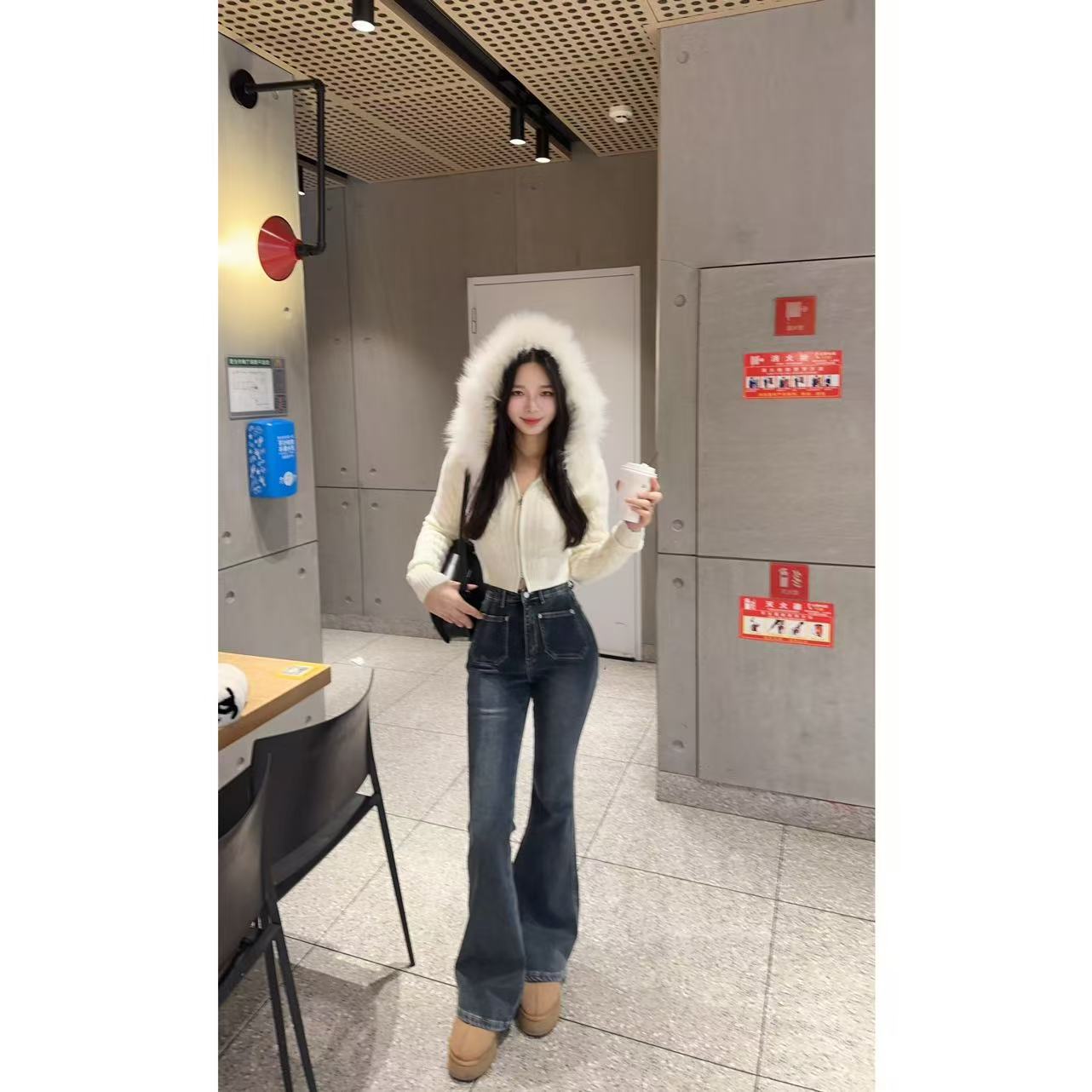 【TX】温柔风拼毛连帽双拉链修身显瘦短款针织开衫毛衣外套女秋冬