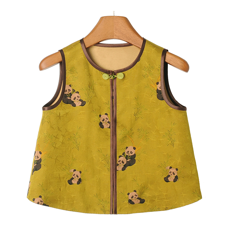 【现货】「熊猫送喜」B018马甲100%桑蚕丝儿童圆领透孔罗红云纱中式
