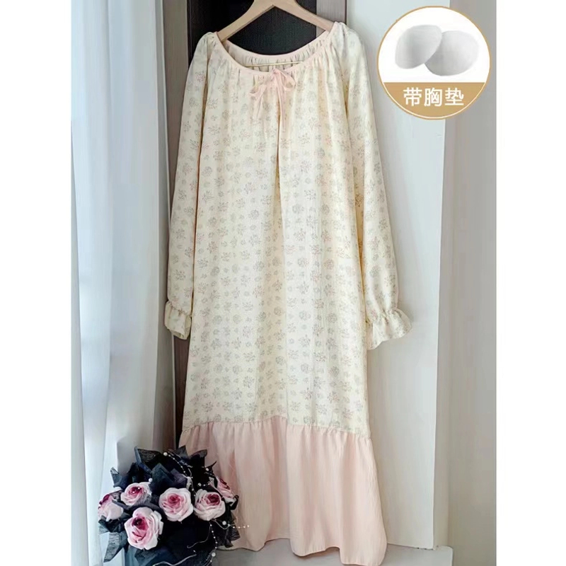 2025带胸垫睡裙女带胸垫碎花裙长袖云朵棉中长睡裙女甜美