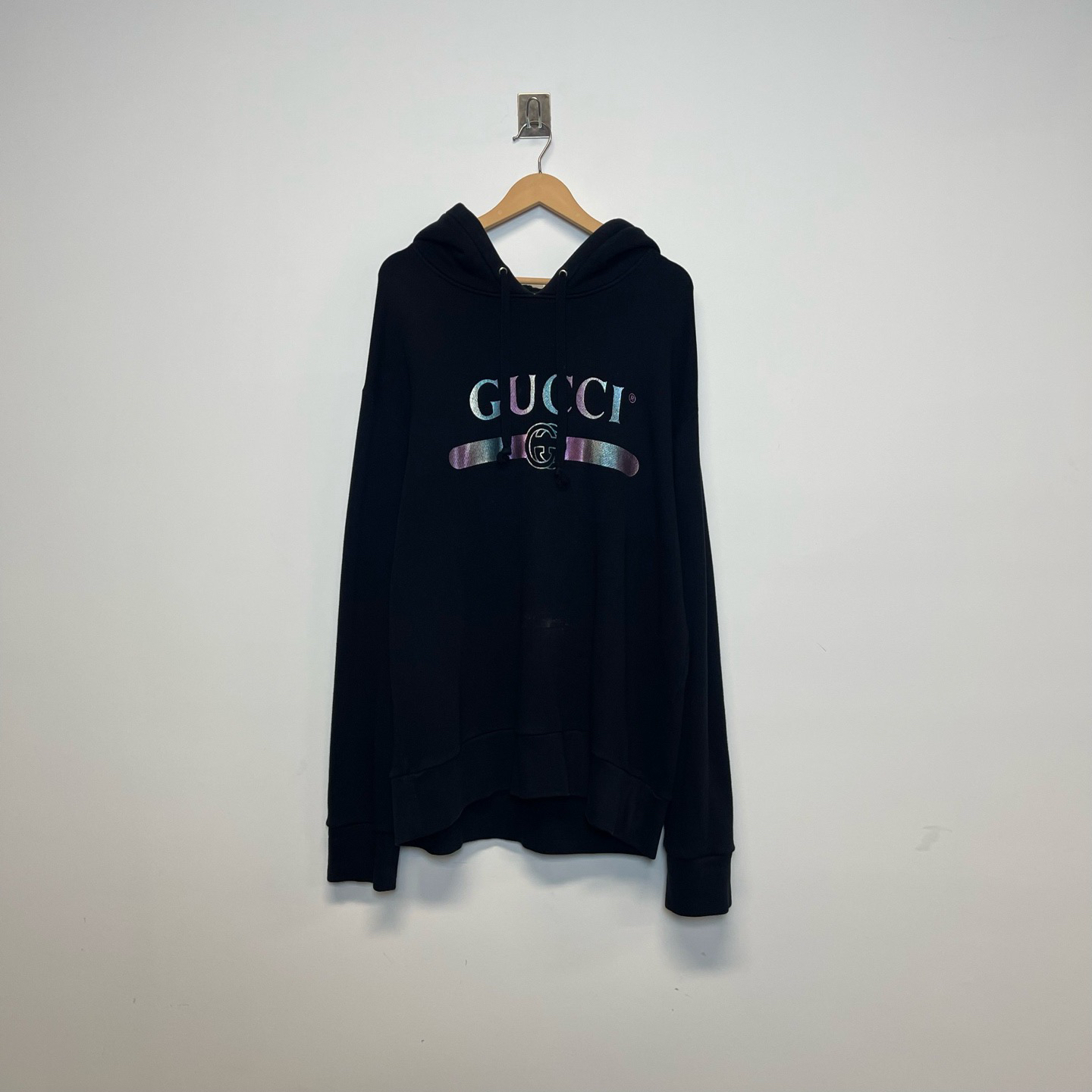 95新 GUCCI/古驰 黑色镭射炫彩腰带徽标连帽卫衣 L码 #9070