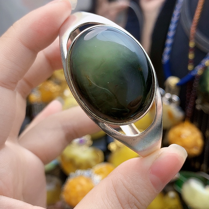 银S925镶嵌琥珀裸石手镯