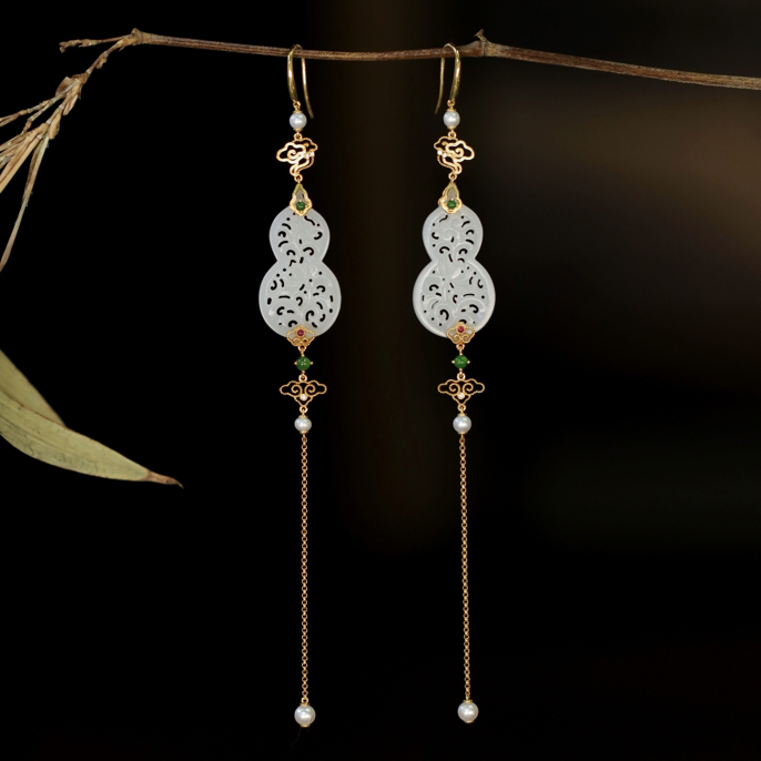 和田玉苏工镂空葫芦耳环18K金镶嵌