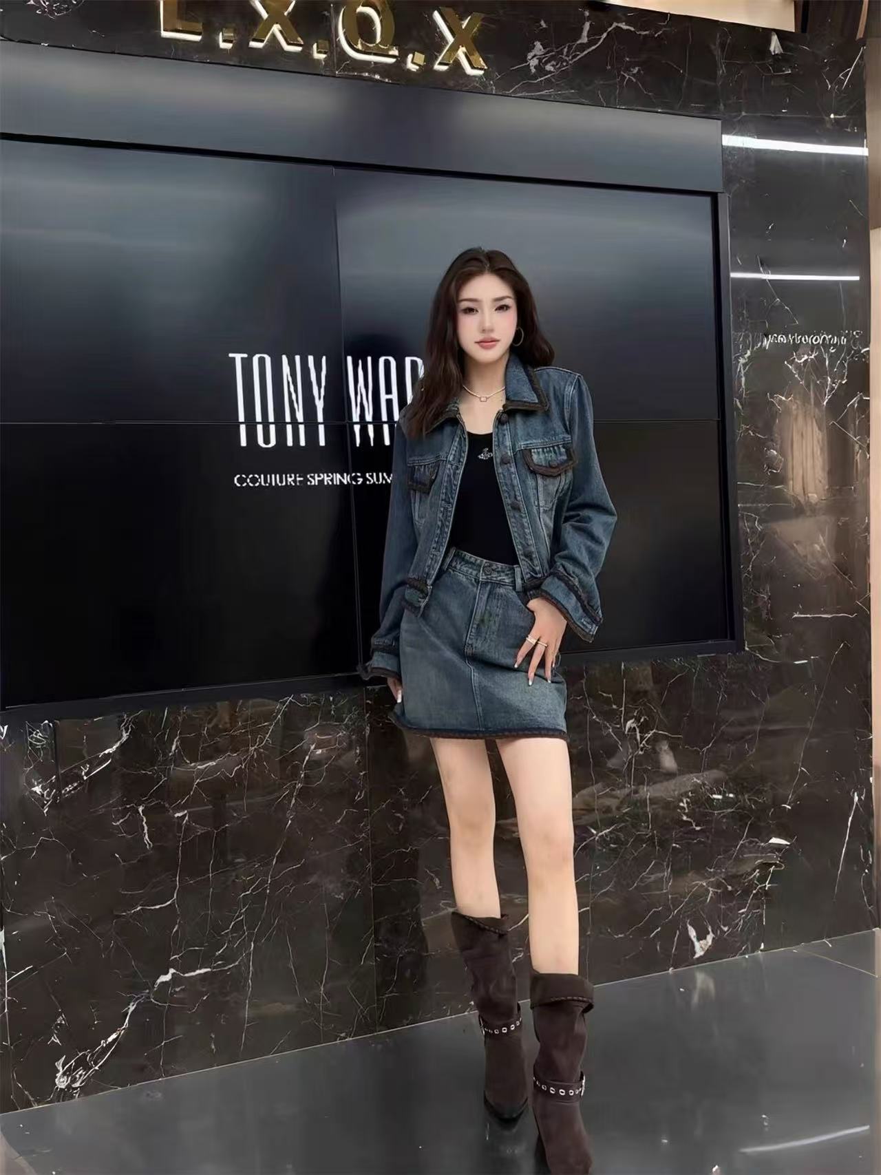 96023#牛仔外套女欧洲站复古做旧翻领单排扣牛仔服长袖上衣