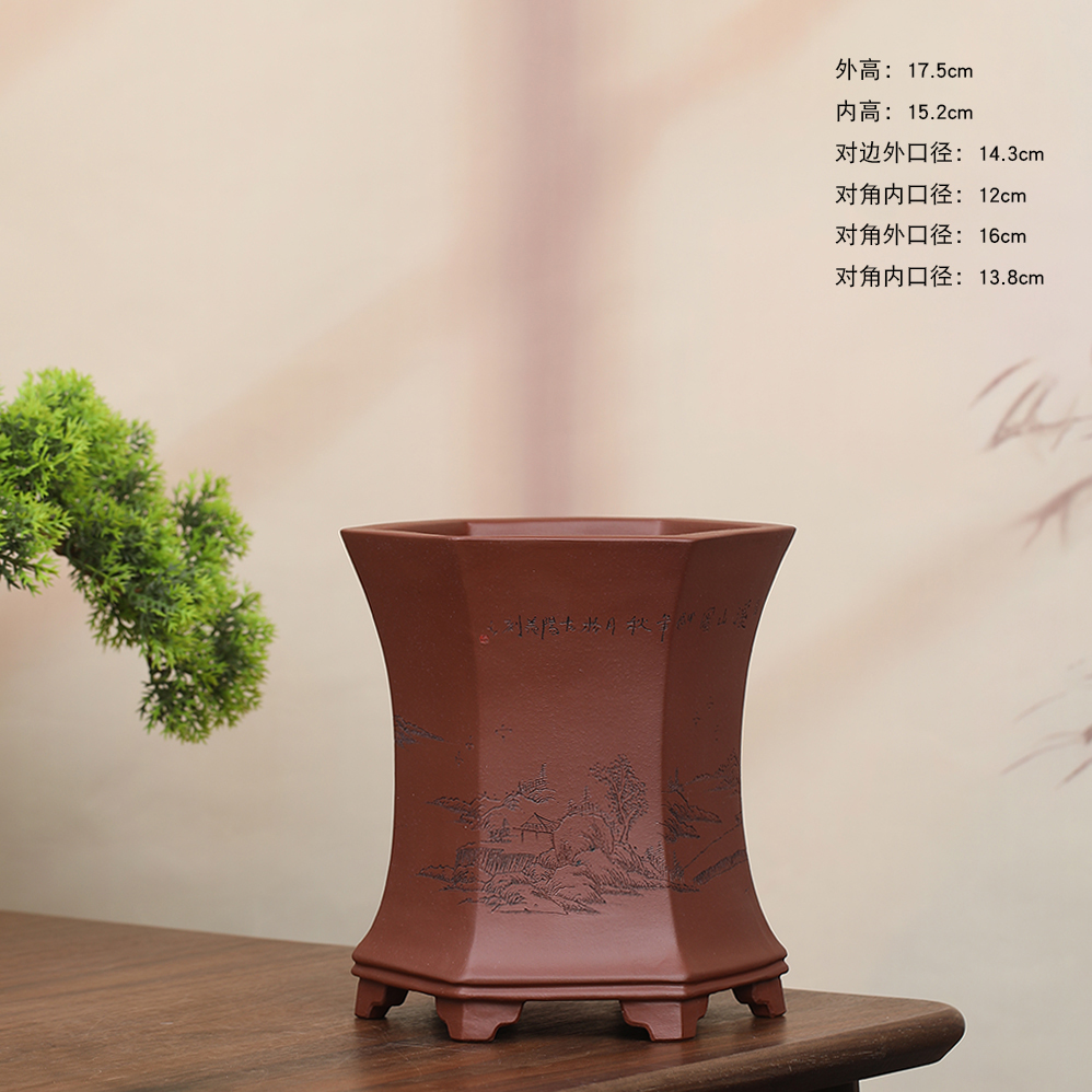 李超精品高温紫泥六方收腰刻绘签筒兰花蝴蝶兰竹子金弹子室内造景