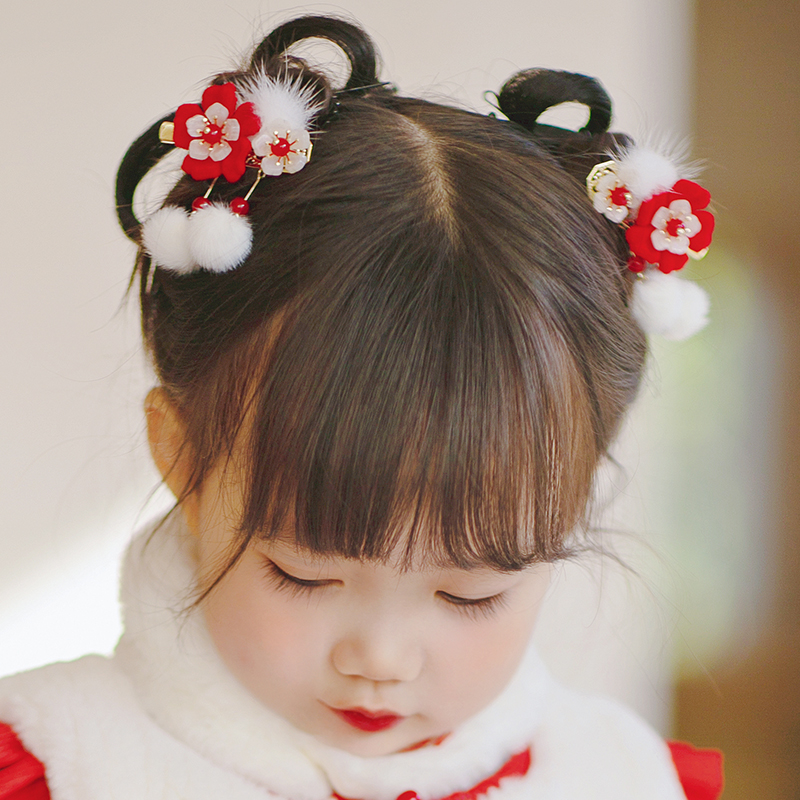 咖喱家古风汉服红色喜庆新年发饰女童宝宝汉服唐装新年装搭配头饰