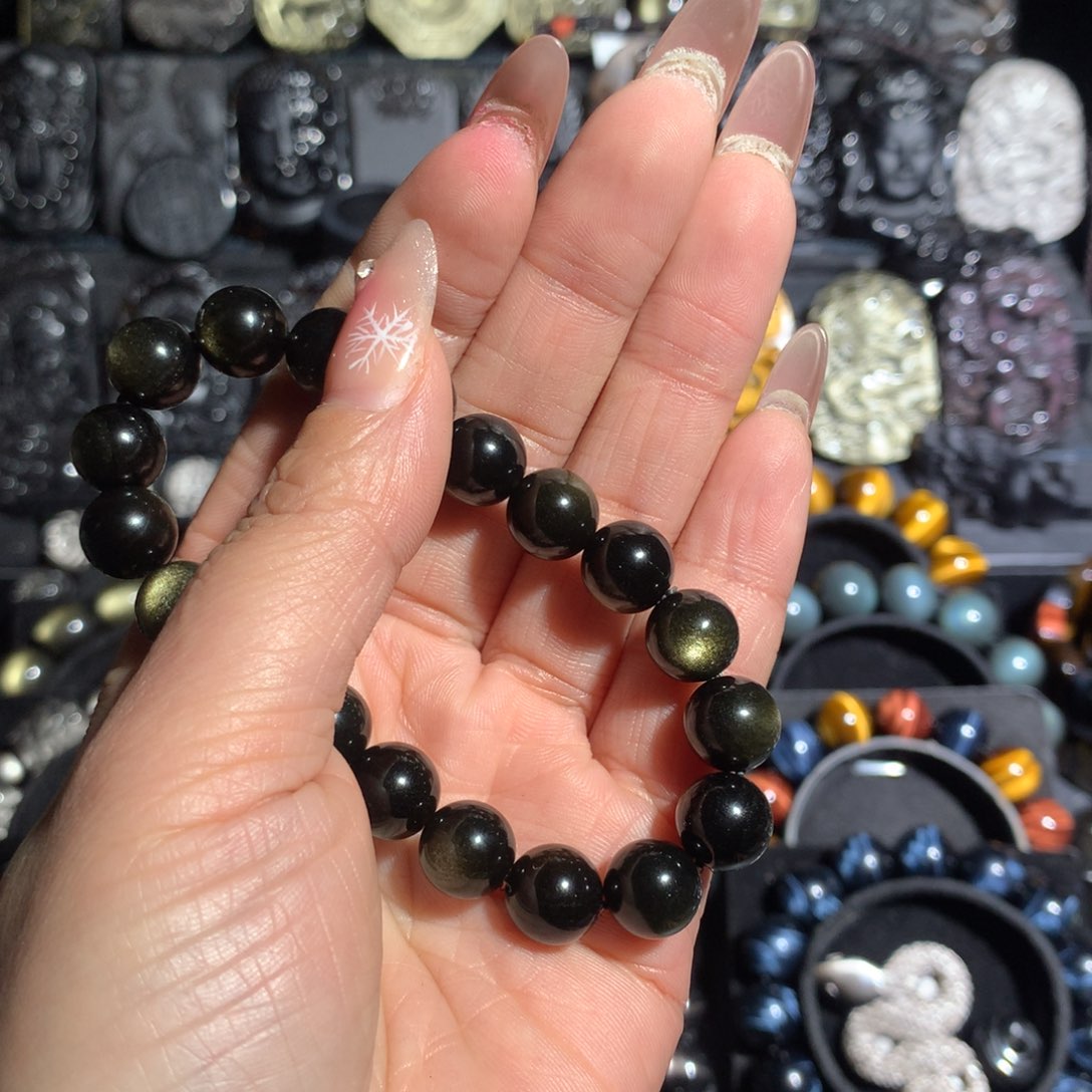 黑曜岩手串未镶嵌金*10mm不退不换