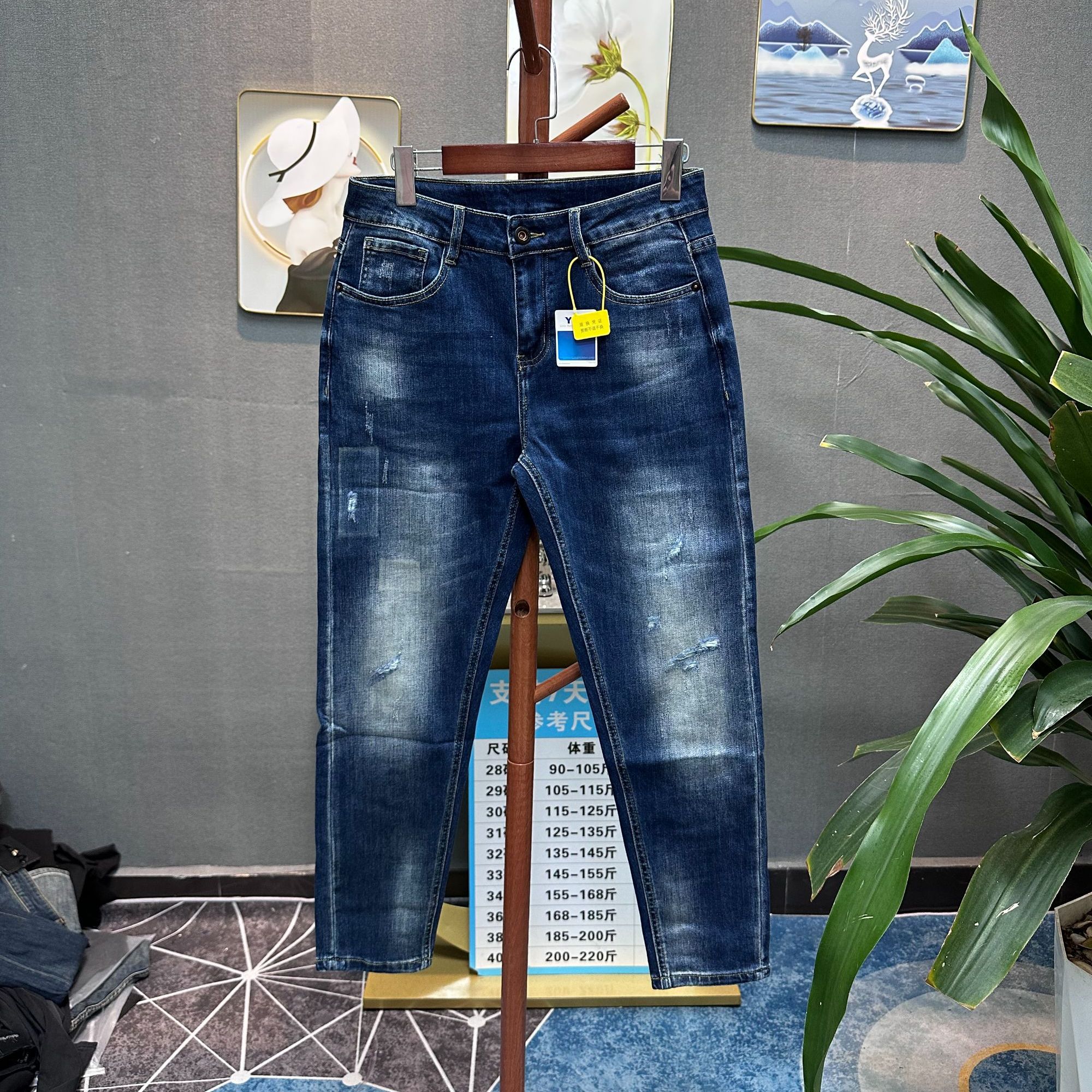 （九分/长裤）破洞复古怀旧蓝重工微锥修身小直筒男装牛仔裤长裤子