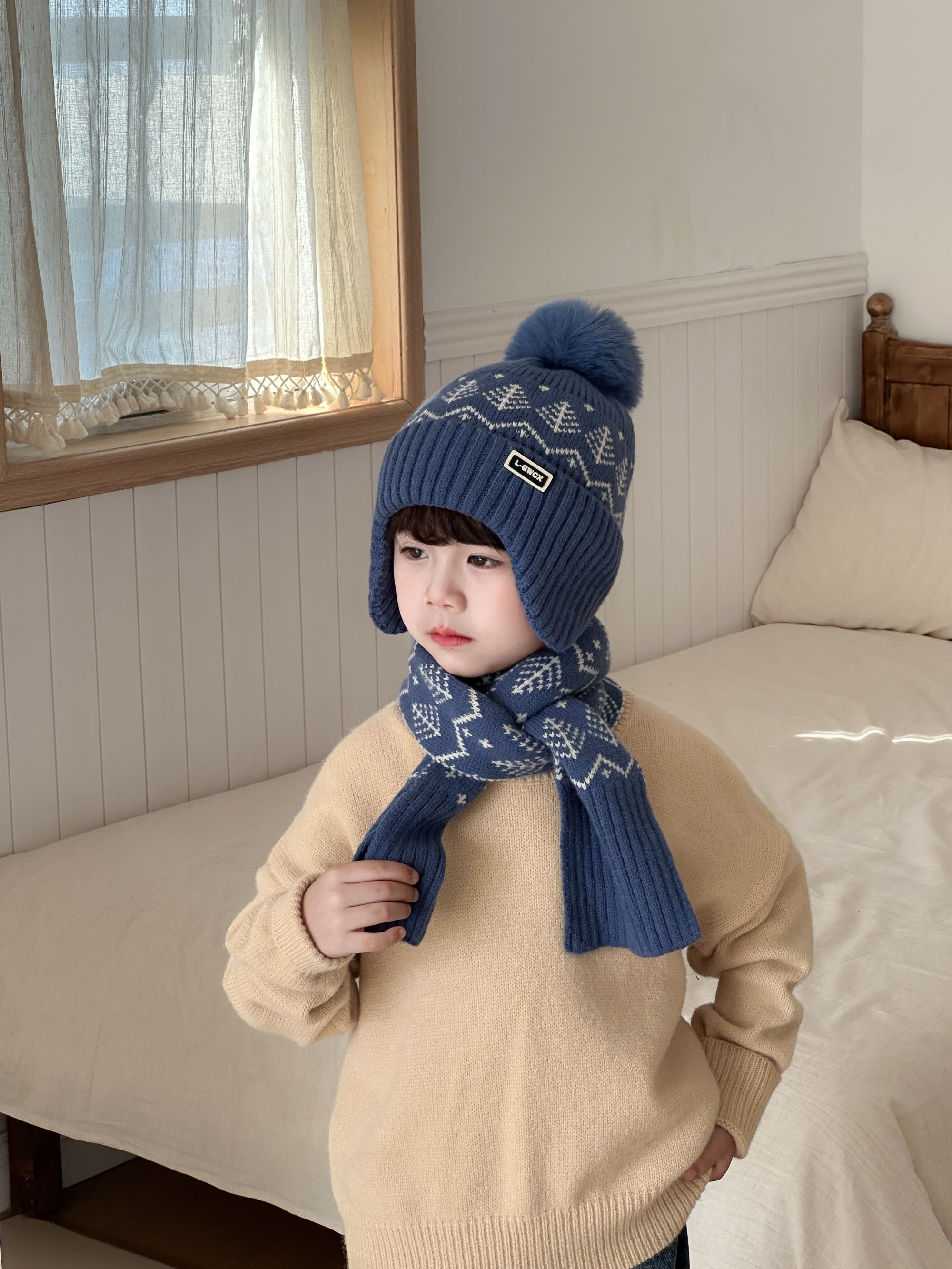 儿童冬季保暖护耳针织毛线帽子围脖套装中大童男女小孩学生套头帽