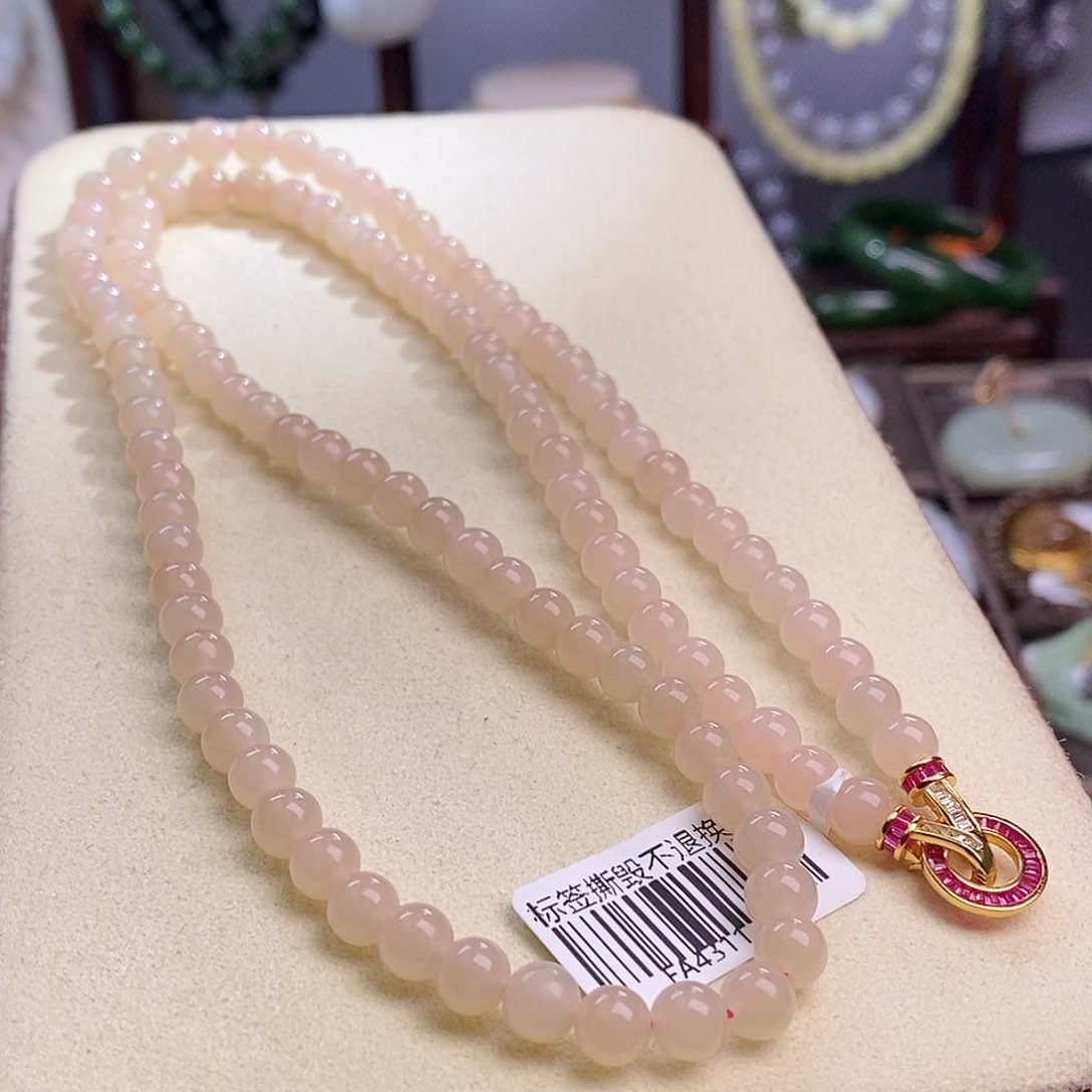 和田玉收藏级熟藕粉老矿料红粉圆珠珠链6m未镶嵌