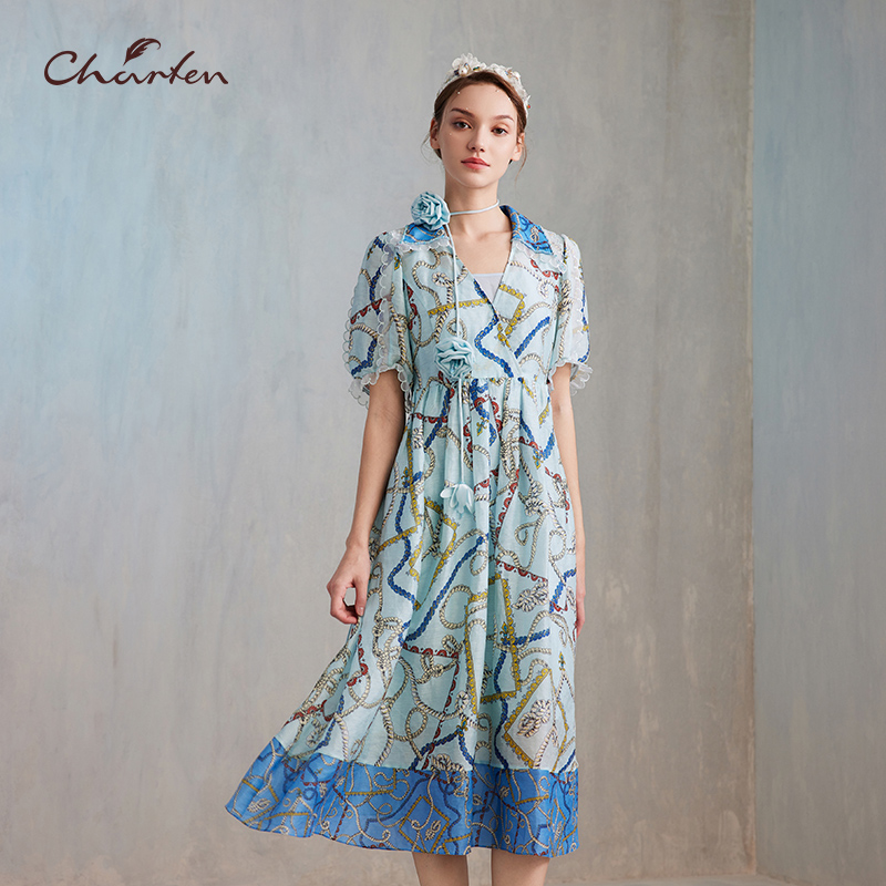 【媛媛专享】朝峰夏季花卉减龄显瘦桑蚕丝连衣裙CFE2E306-3009G