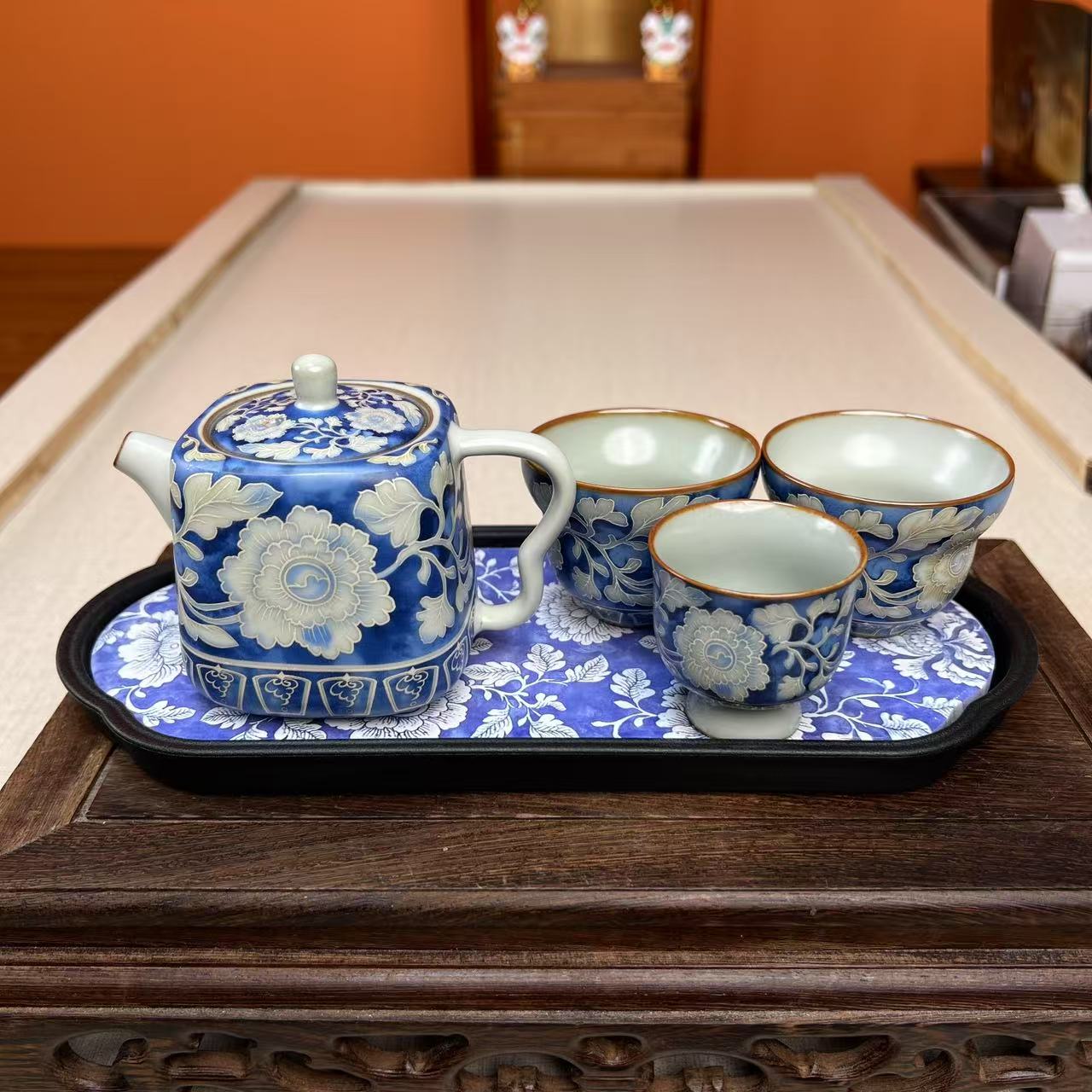 汝窑青花双耳壶快客陶瓷旅行套+青花茶盘R0213