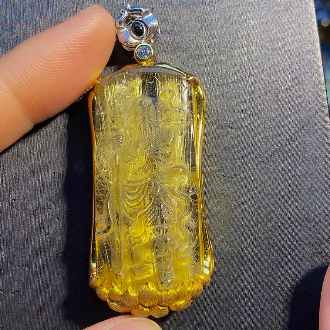 水晶颈饰银S925镶嵌天然钛晶关公吊坠