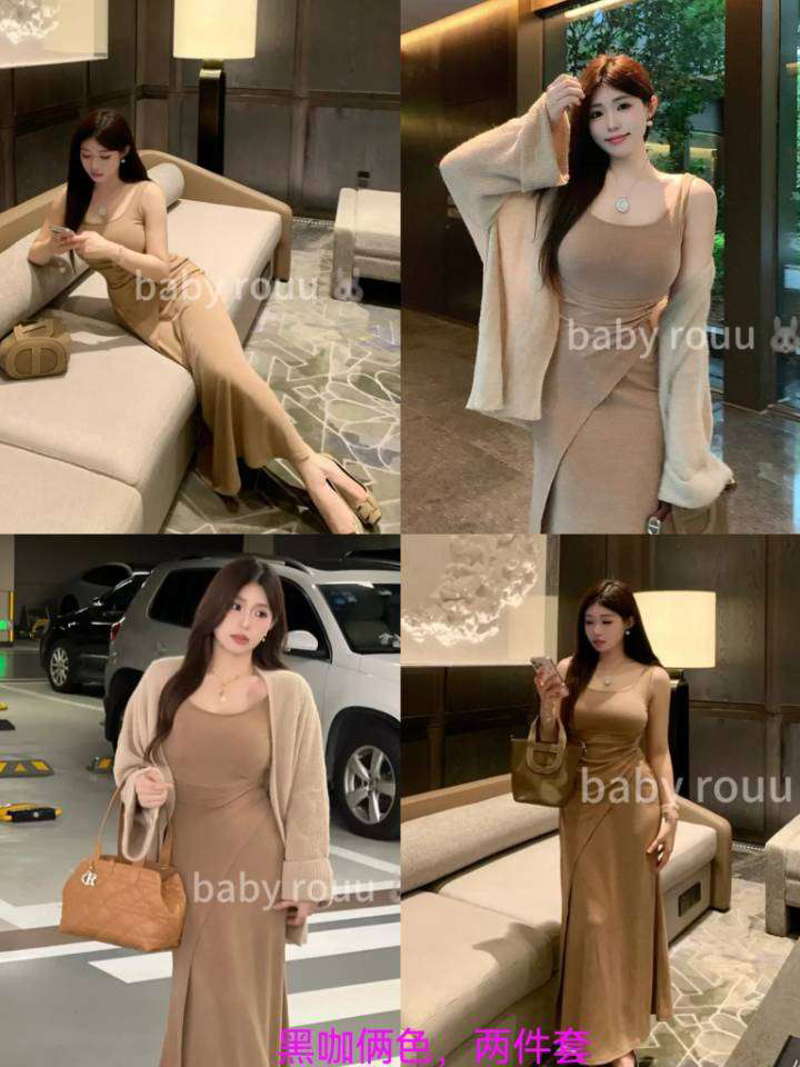 温与柔希腊女神裙咖色长裙女纯欲性感包臀裙收腰连衣裙