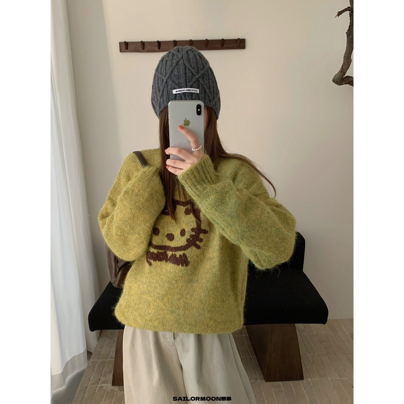 韩系复古奶油色系卡通图案提花设计感毛衣女秋冬针织衫打底百搭款