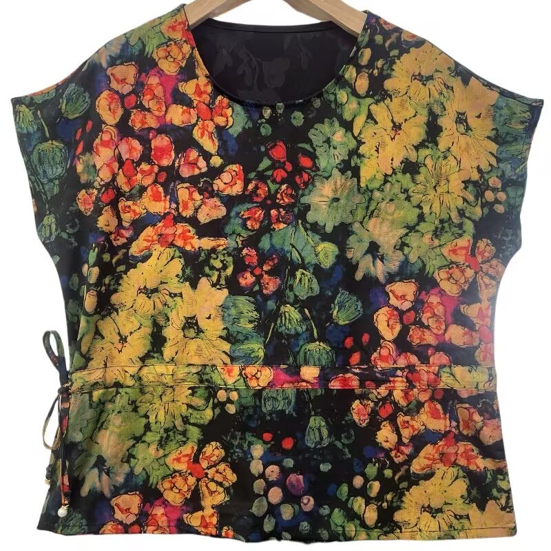 中式山水画国风桑蚕丝复古短袖T恤-时尚洋气夏季时尚气质小衫6651