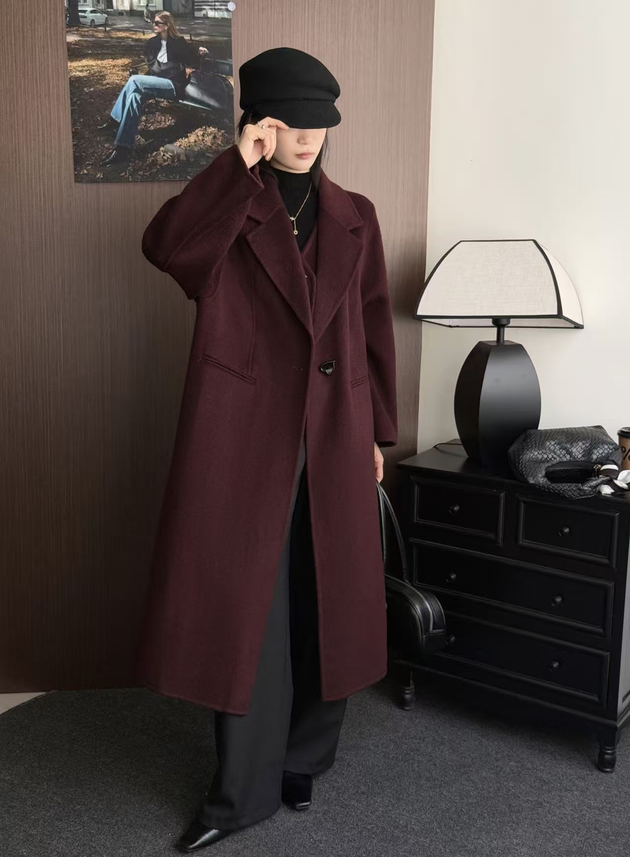 25017百分百羊毛长袖双面呢外套韩版防风秋冬中长款直下摆长款