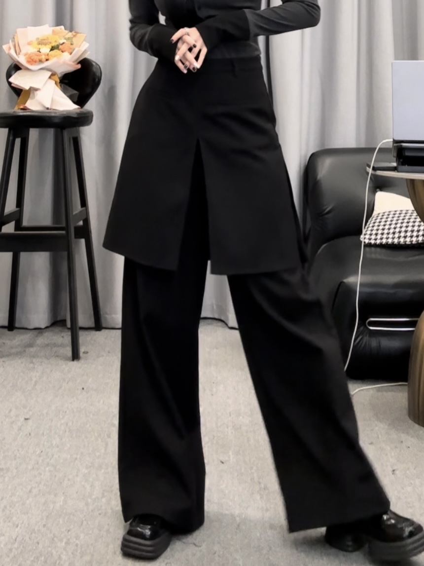 D1396纯色高腰阔腿裤女假两件屁帘宽松休闲2025冬季长裤显瘦百搭