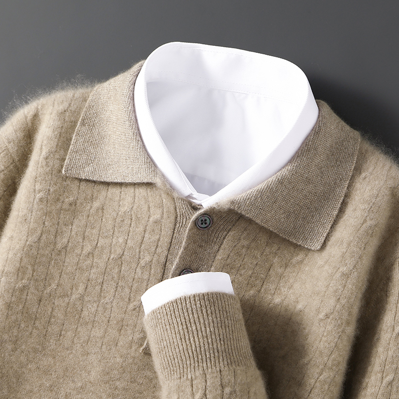 2025男士纯羊毛半身扭花设计POLO领羊毛衫打底秋冬纯色时尚
