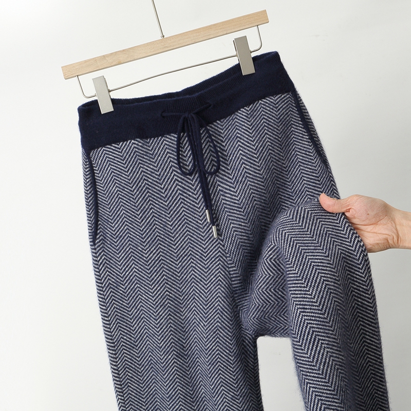 2025秋冬新款人字纹抽绳羊绒裤加厚保暖直筒裤男士拼色休闲长裤