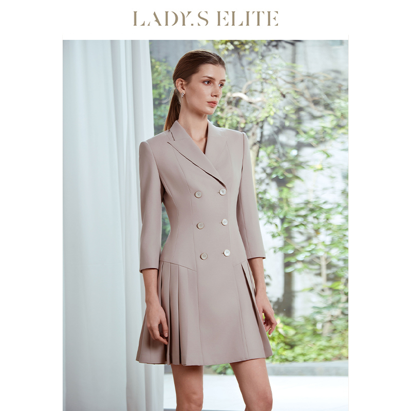 LadySElite轻粉咖西装裙女25新款知性气质OL风羊毛混纺百褶连衣裙
