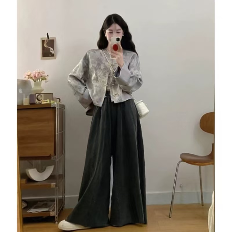 新中式国风穿搭套装女新款复古设计感盘扣暗纹印花上衣半身裙1676