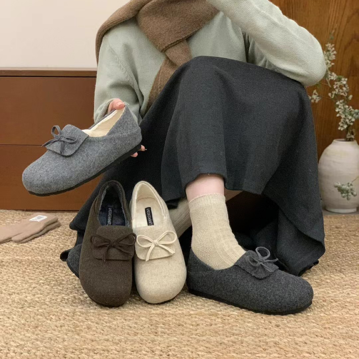 复古圆头蝴蝶结灰色毛呢玛丽珍鞋懒人一脚蹬软平底保暖加绒棉鞋女