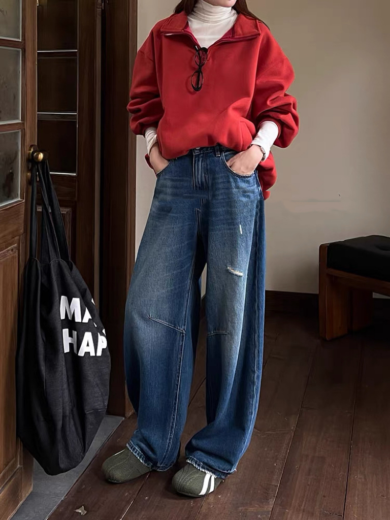 SU【610】代A9 愫杨女秋款阔腿裤蓝色高腰宽松无弹弯刀裤